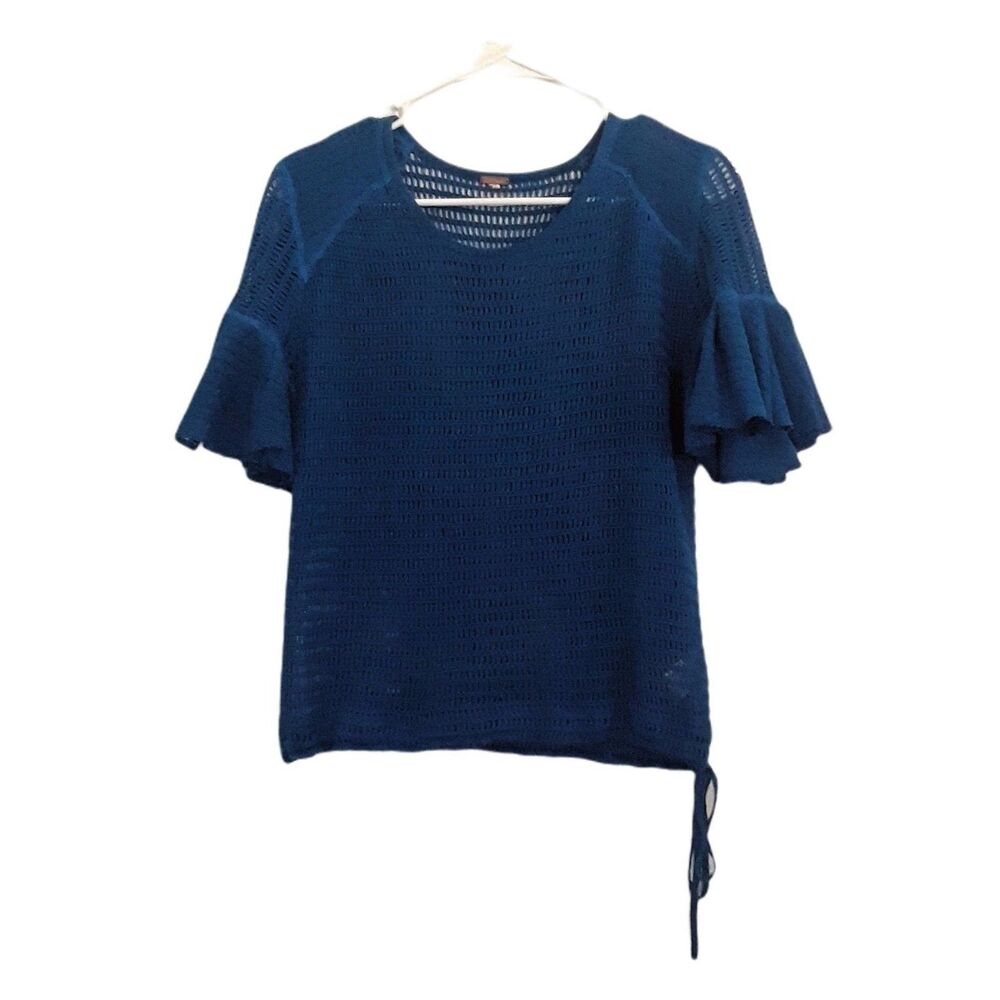 Free People Blue Ruffle Sleeve Sweater S XS Open Weave Drawstring Waist Top